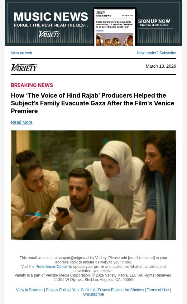 How ‘The Voice of Hind Rajab’ Producers Helped the Subject’s Family Evacuate Gaza After the Film's Venice Premiere email from Variety screenshot