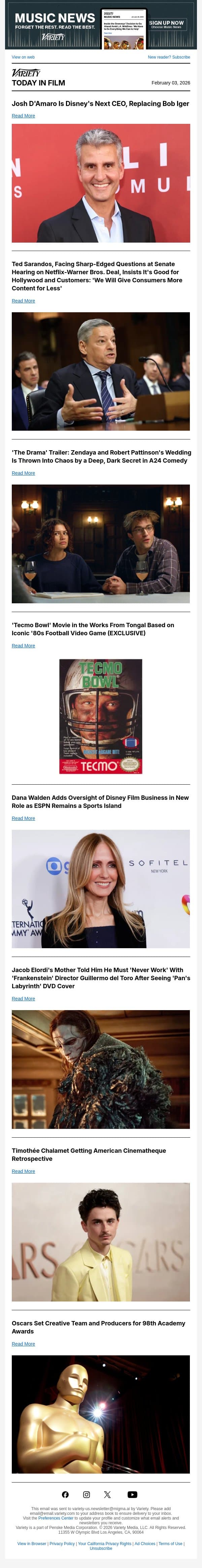 Disney Names New CEO; Netflix Senate Hearing; 'The Drama' Trailer email from Variety screenshot