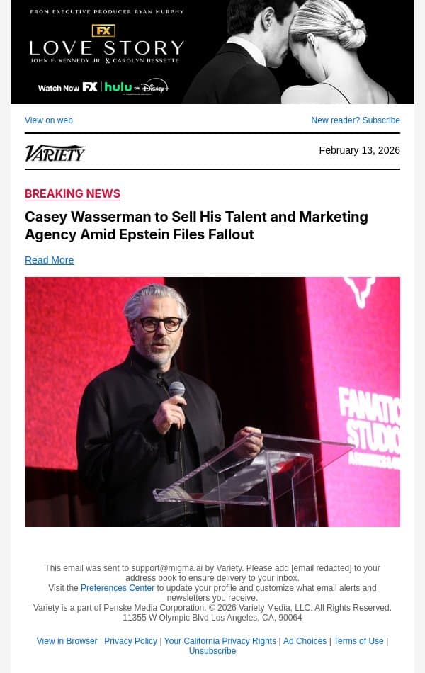 Casey Wasserman to Sell His Talent and Marketing Agency Amid Epstein Files Fallout email from Variety screenshot