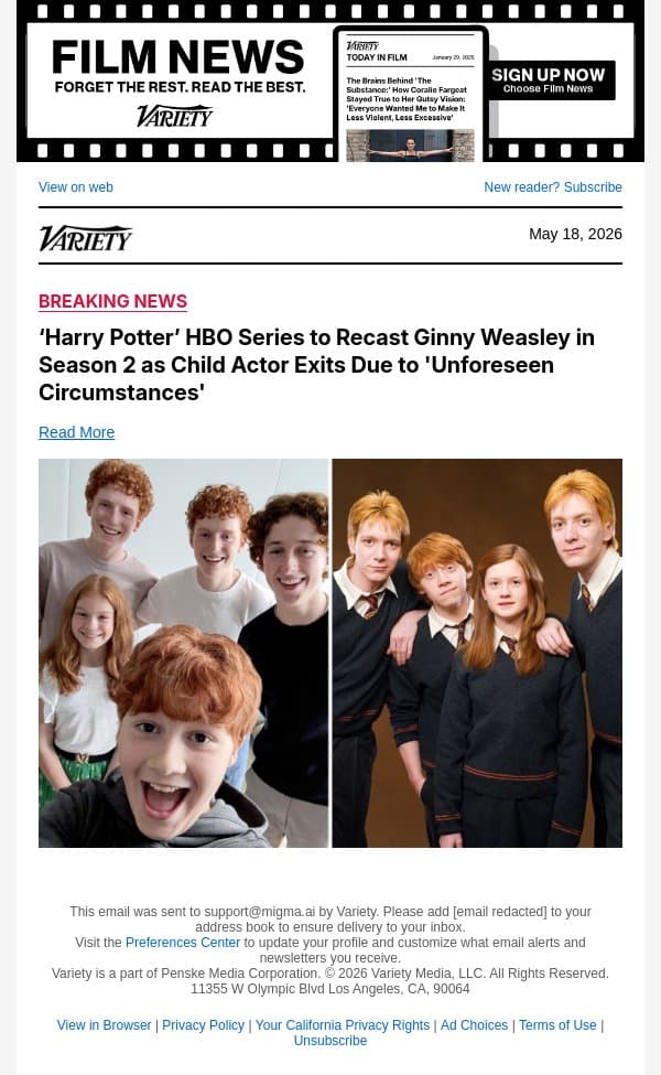 ‘Harry Potter’ HBO Series to Recast Ginny Weasley in Season 2 as Child Actor Exits Due to 'Unforeseen Circumstances' email from Variety screenshot