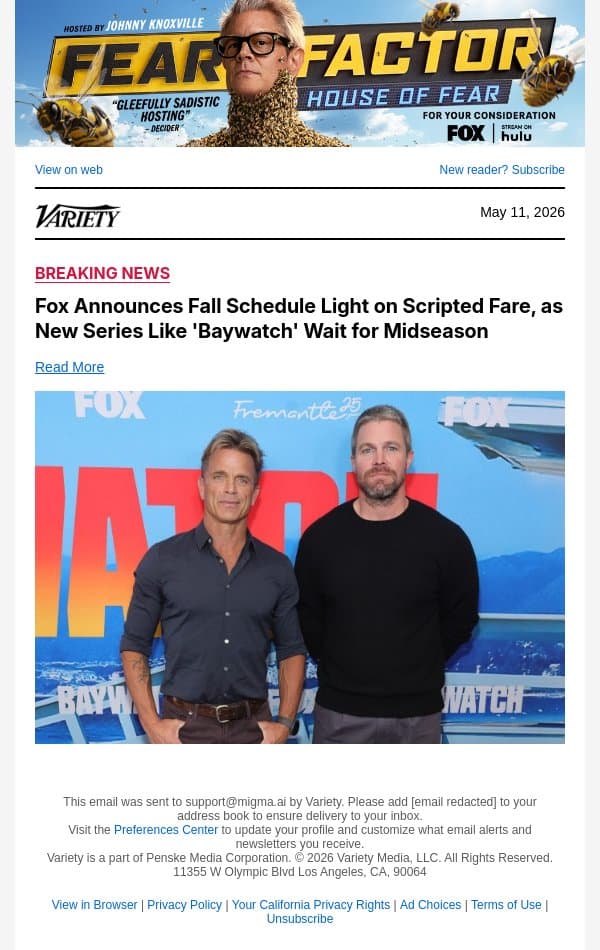 Fox Announces Fall Schedule Light on Scripted Fare, as New Series Like 'Baywatch' Wait for Midseason email from Variety screenshot
