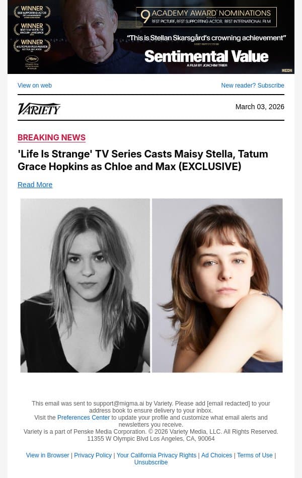 'Life Is Strange' TV Series Casts Maisy Stella, Tatum Grace Hopkins as Chloe and Max (EXCLUSIVE) email from Variety screenshot