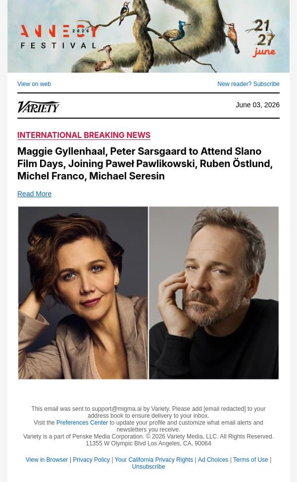 Maggie Gyllenhaal, Peter Sarsgaard to Attend Slano Film Days, Joining Paweł Pawlikowski, Ruben Östlund, Michel Franco, Michael Seresin email from Variety screenshot