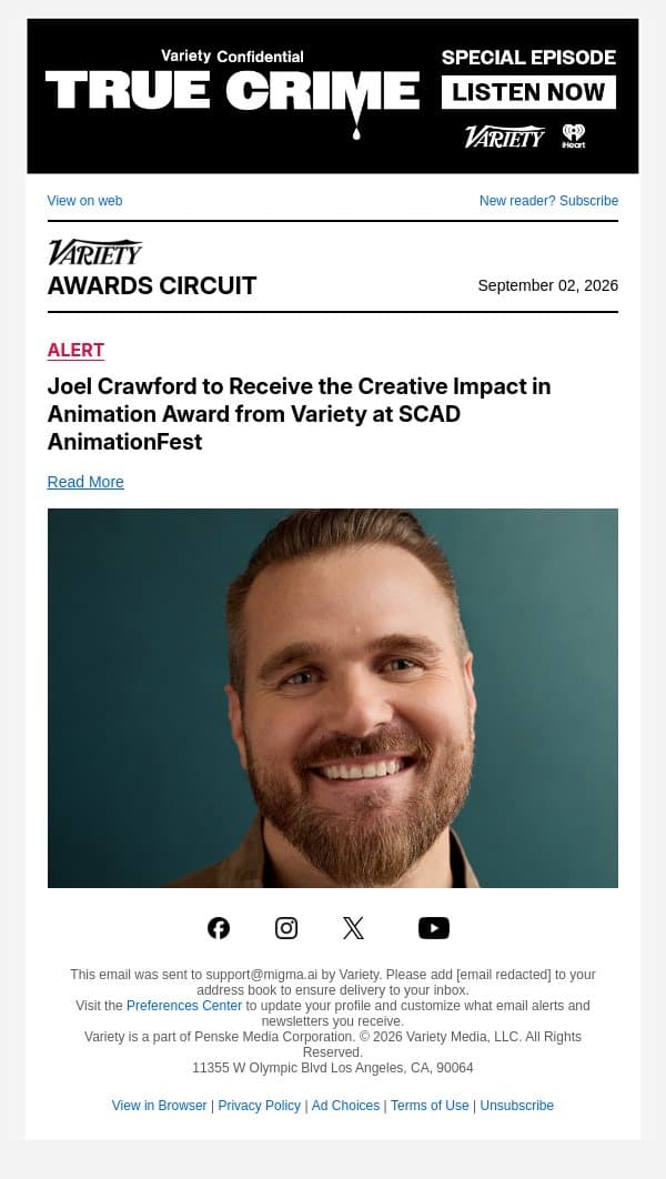 Joel Crawford to Receive the Creative Impact in Animation Award from Variety at SCAD AnimationFest email from Variety screenshot