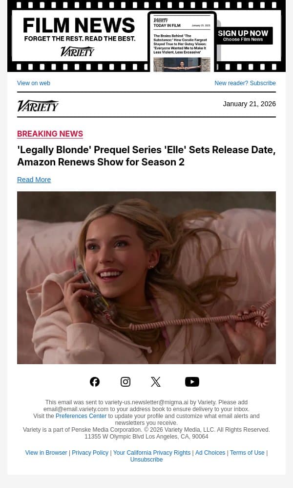 'Legally Blonde' Prequel Series 'Elle' Sets Release Date, Amazon Renews Show for Season 2 email from Variety screenshot