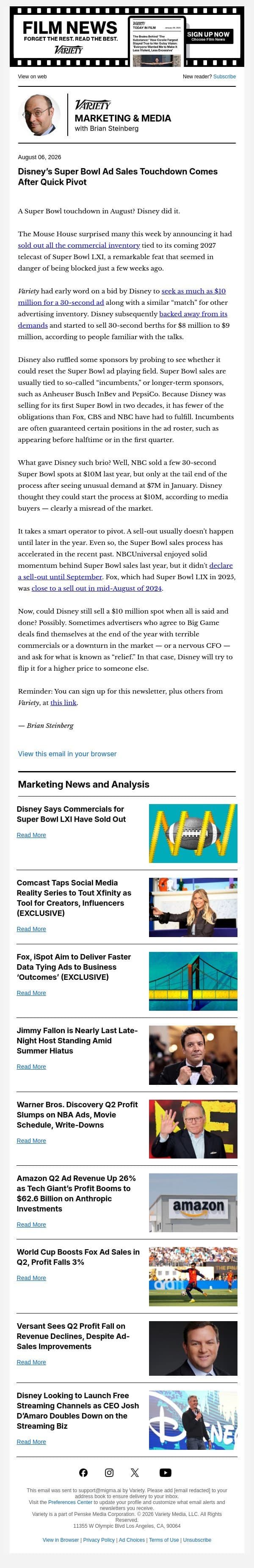 Marketing & Media Newsletter: Disney's Quick Super Bowl Sales Pivot; Comcast Launches Digital-First Creator Competition; Fox Teams With iSpot for 'Outcomes' Deal; and More email from Variety screenshot