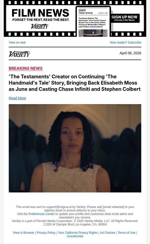 'The Testaments' Creator on Continuing 'The Handmaid's Tale' Story, Bringing Back Elisabeth Moss as June and Casting Chase Infiniti and Stephen Colbert email from Variety screenshot