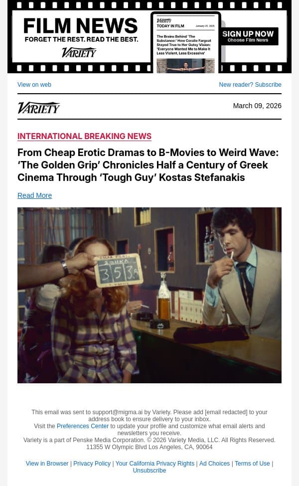 From Cheap Erotic Dramas to B-Movies to Weird Wave: ‘The Golden Grip’ Chronicles Half a Century of Greek Cinema Through ‘Tough Guy’ Kostas Stefanakis email from Variety screenshot