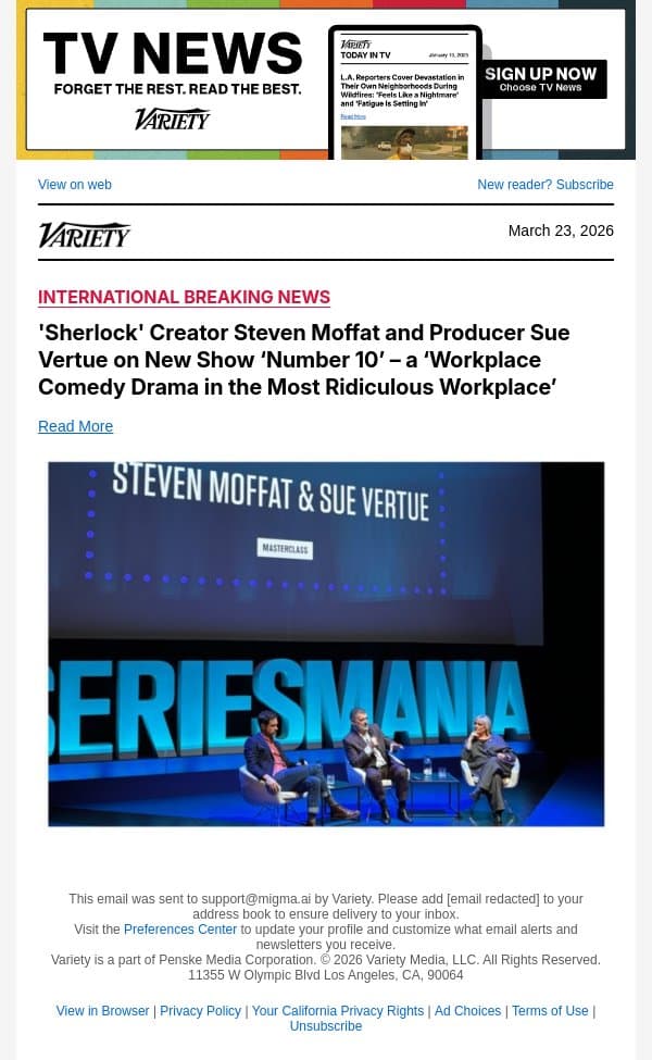 'Sherlock' Creator Steven Moffat and Producer Sue Vertue on New Show ‘Number 10’ – a ‘Workplace Comedy Drama in the Most Ridiculous Workplace’ email from Variety screenshot