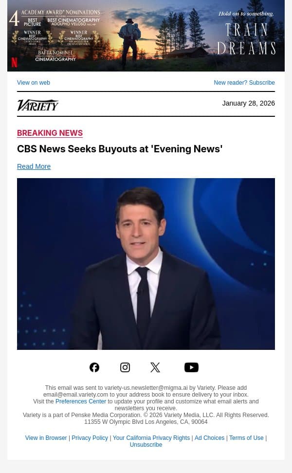 CBS News Seeks Buyouts at 'Evening News' email from Variety screenshot