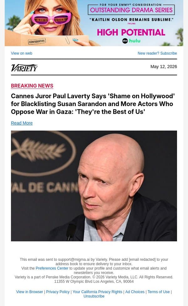 Cannes Juror Paul Laverty Says 'Shame on Hollywood' for Blacklisting Susan Sarandon and More Actors Who Oppose War in Gaza: 'They're the Best of Us' email from Variety screenshot