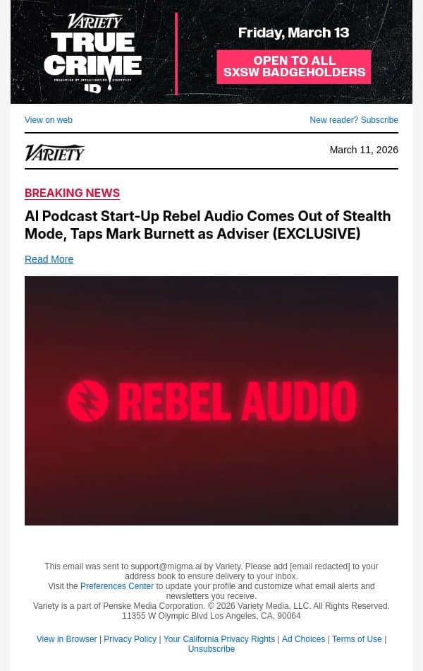 AI Podcast Start-Up Rebel Audio Comes Out of Stealth Mode, Taps Mark Burnett as Adviser (EXCLUSIVE) email from Variety screenshot