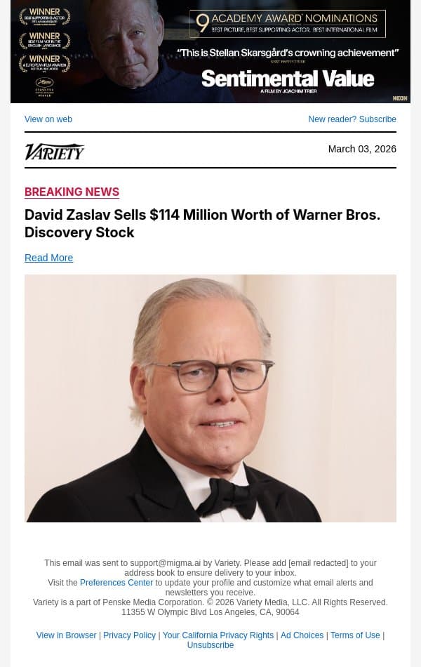 David Zaslav Sells $114 Million Worth of Warner Bros. Discovery Stock email from Variety screenshot