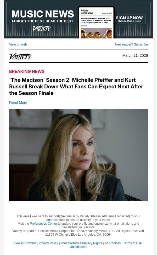 'The Madison' Season 2: Michelle Pfeiffer and Kurt Russell Break Down What Fans Can Expect Next After the Season Finale email from Variety screenshot
