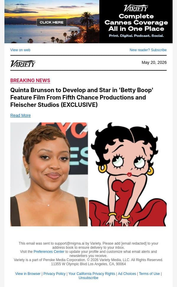 Quinta Brunson to Develop and Star in 'Betty Boop' Feature Film From Fifth Chance Productions and Fleischer Studios (EXCLUSIVE) email from Variety screenshot