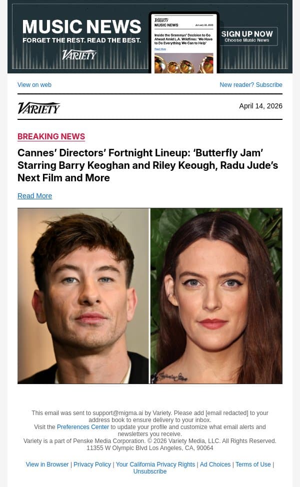 Cannes’ Directors’ Fortnight Lineup: ‘Butterfly Jam’ Starring Barry Keoghan and Riley Keough, Radu Jude’s Next Film and More email from Variety screenshot