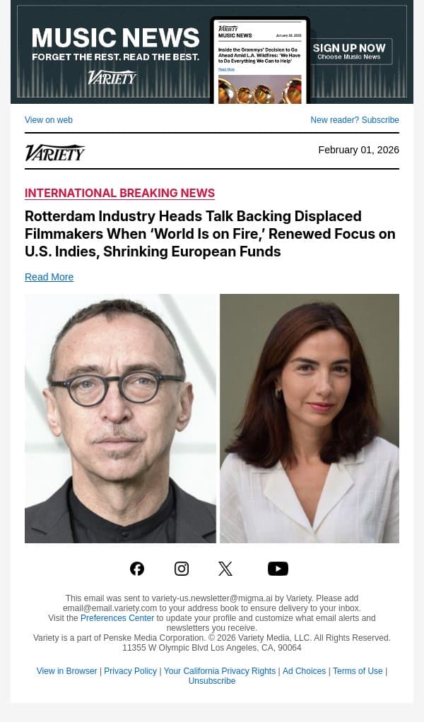 Rotterdam Industry Heads Talk Backing Displaced Filmmakers When ‘World Is on Fire,’ Renewed Focus on U.S. Indies, Shrinking European Funds email from Variety screenshot