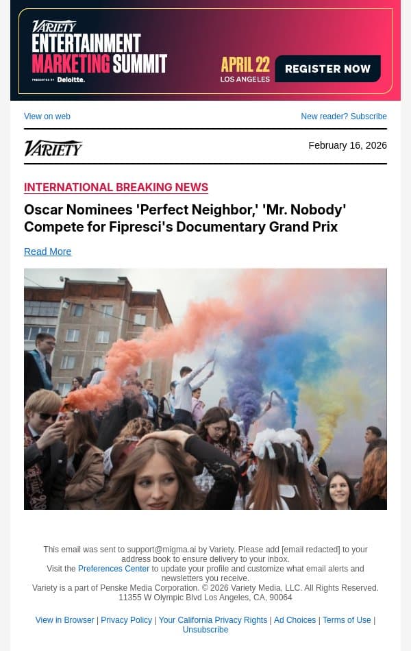 Oscar Nominees 'Perfect Neighbor,' 'Mr. Nobody' Compete for Fipresci's Documentary Grand Prix email from Variety screenshot