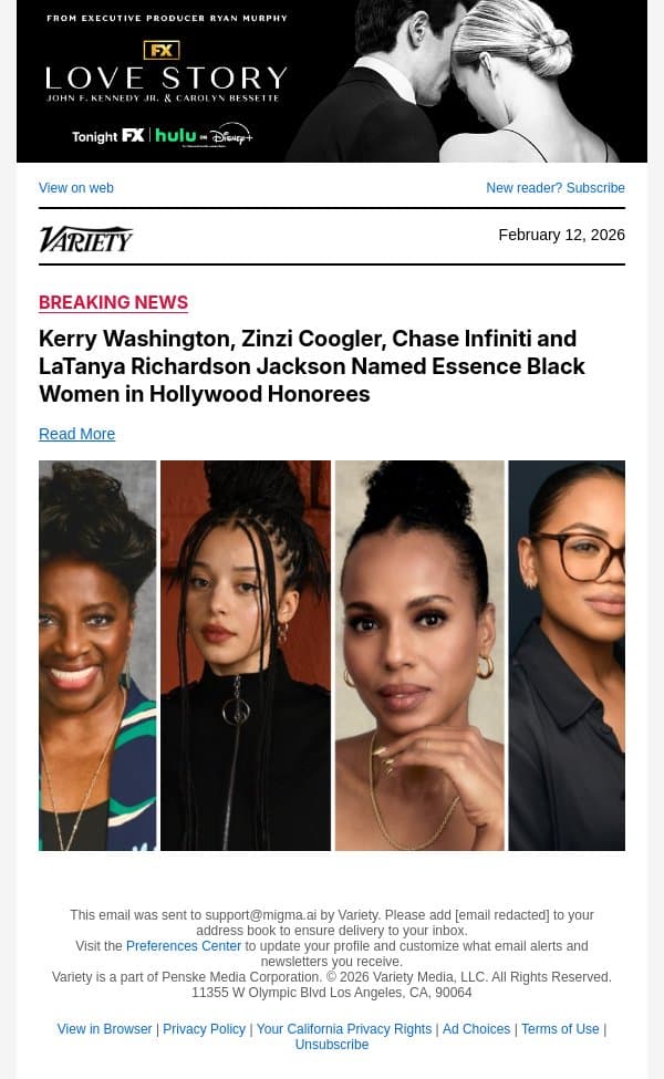 Kerry Washington, Zinzi Coogler, Chase Infiniti and LaTanya Richardson Jackson Named Essence Black Women in Hollywood Honorees email from Variety screenshot