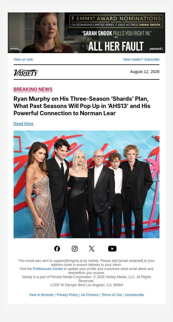 Ryan Murphy on His Three-Season ‘Shards’ Plan, What Past Seasons Will Pop Up in ‘AHS13’ and His Powerful Connection to Norman Lear email from Variety screenshot