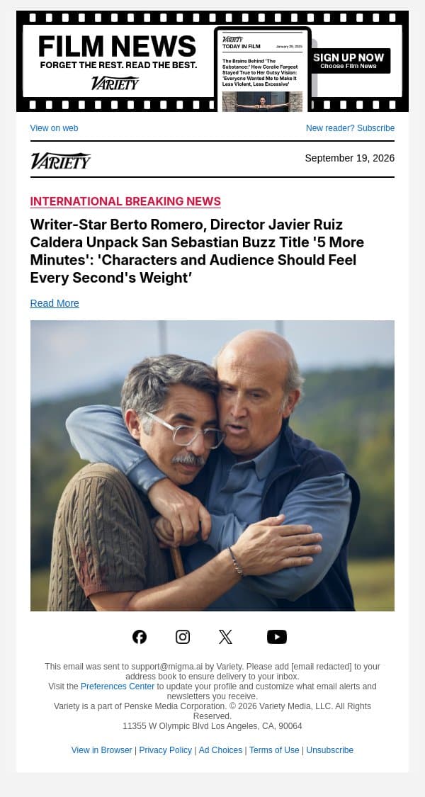 Writer-Star Berto Romero, Director Javier Ruiz Caldera Unpack San Sebastian Buzz Title '5 More Minutes': 'Characters and Audience Should Feel Every Second's Weight’ email from Variety screenshot