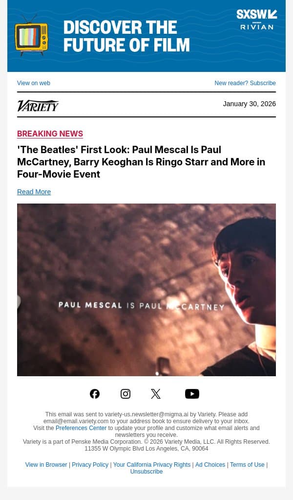 'The Beatles' First Look: Paul Mescal Is Paul McCartney, Barry Keoghan Is Ringo Starr and More in Four-Movie Event email from Variety screenshot