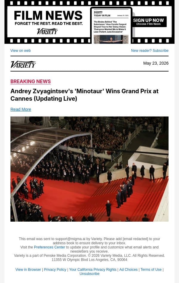Andrey Zvyagintsev's 'Minotaur' Wins Grand Prix at Cannes (Updating Live) email from Variety screenshot