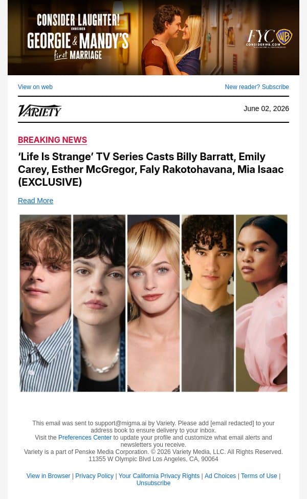 ‘Life Is Strange’ TV Series Casts Billy Barratt, Emily Carey, Esther McGregor, Faly Rakotohavana, Mia Isaac (EXCLUSIVE) email from Variety screenshot