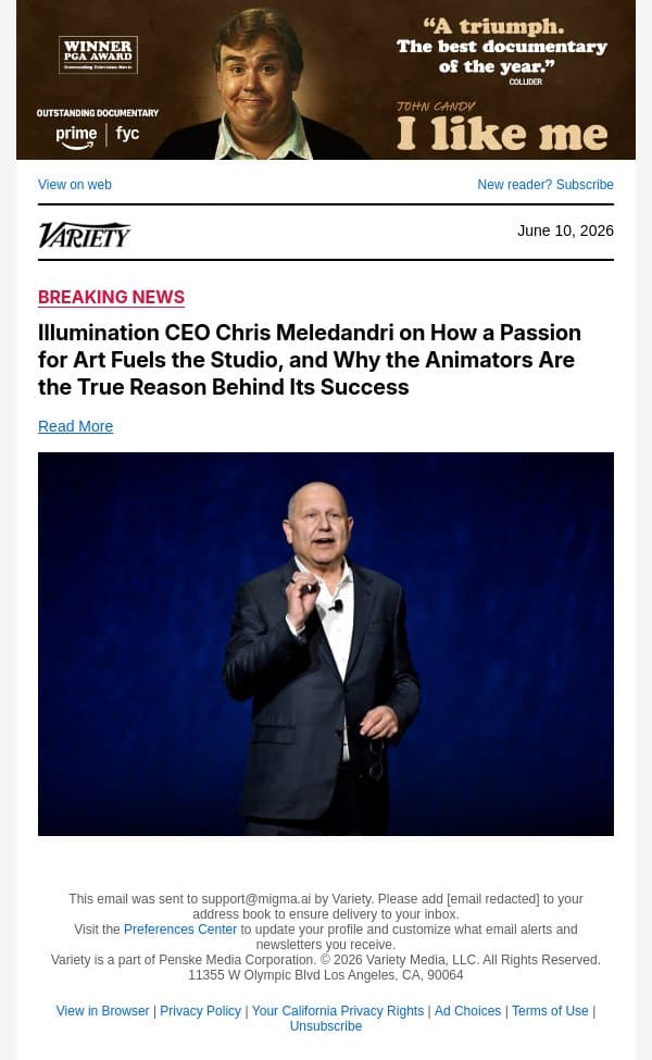 Illumination CEO Chris Meledandri on How a Passion for Art Fuels the Studio, and Why the Animators Are the True Reason Behind Its Success email from Variety screenshot