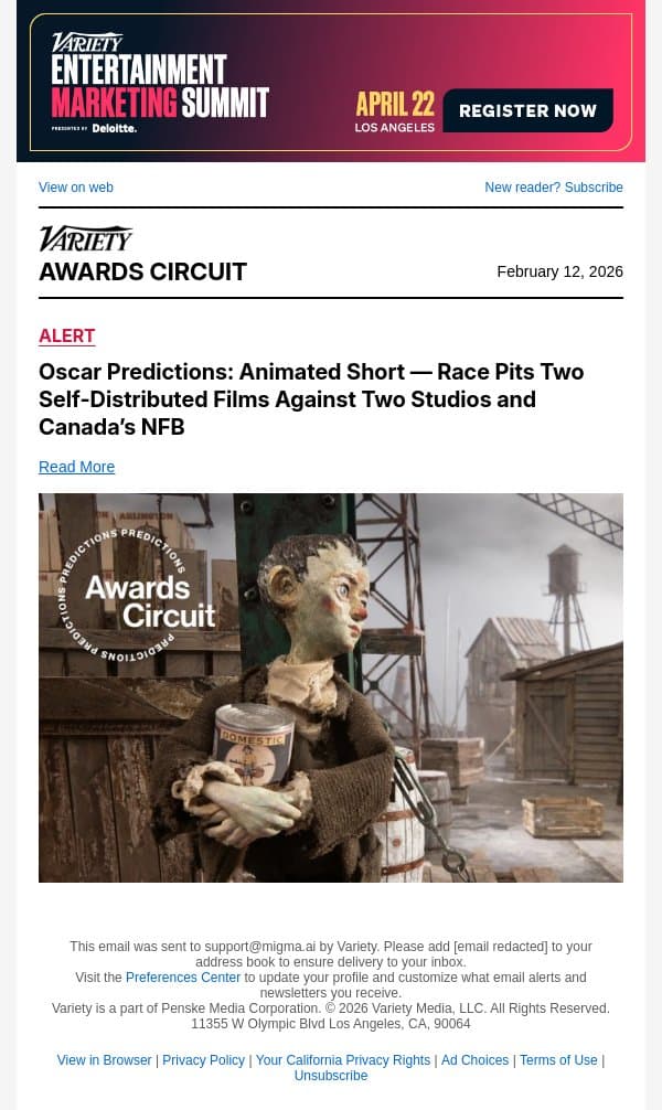 Oscar Predictions: Animated Short — Race Pits Two Self-Distributed Films Against Two Studios and Canada’s NFB email from Variety screenshot