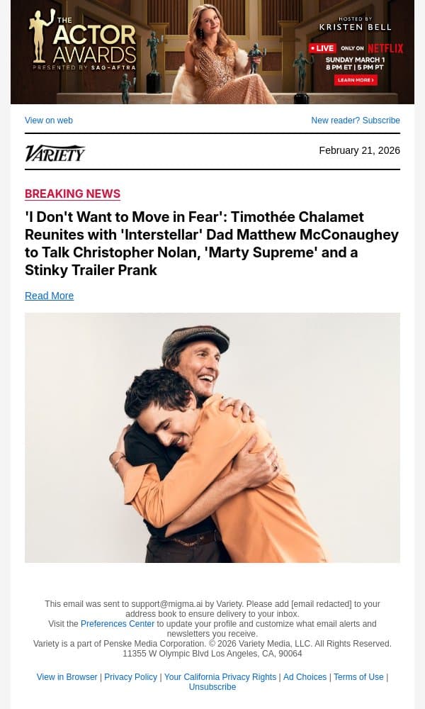 'I Don't Want to Move in Fear': Timothée Chalamet Reunites with 'Interstellar' Dad Matthew McConaughey to Talk Christopher Nolan, 'Marty Supreme' and a Stinky Trailer Prank email from Variety screenshot