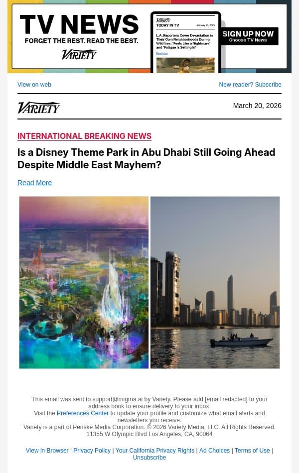 Is a Disney Theme Park in Abu Dhabi Still Going Ahead Despite Middle East Mayhem? email from Variety screenshot