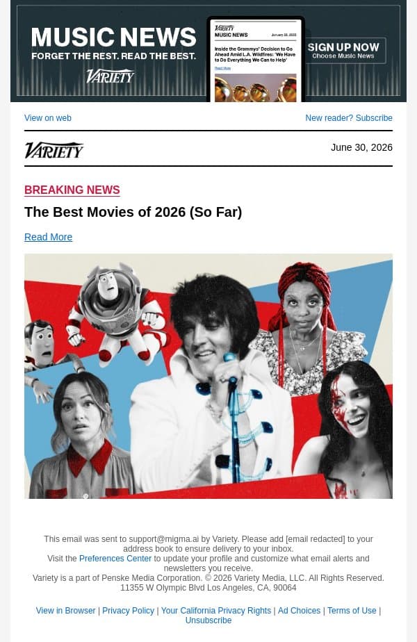 The Best Movies of 2026 (So Far) email from Variety screenshot