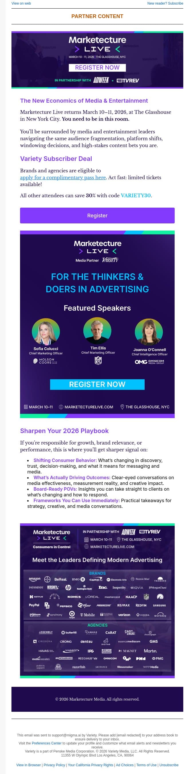 Discover the Future of Advertising at Marketecture Live March 10 & 11 email from Variety screenshot
