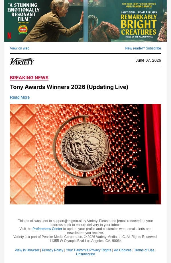 Tony Awards Winners 2026 (Updating Live) email from Variety screenshot