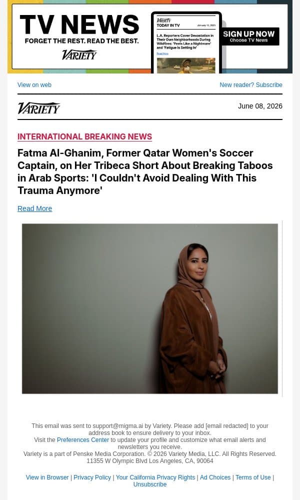 Fatma Al-Ghanim, Former Qatar Women's Soccer Captain, on Her Tribeca Short About Breaking Taboos in Arab Sports: 'I Couldn't Avoid Dealing With This Trauma Anymore' email from Variety screenshot