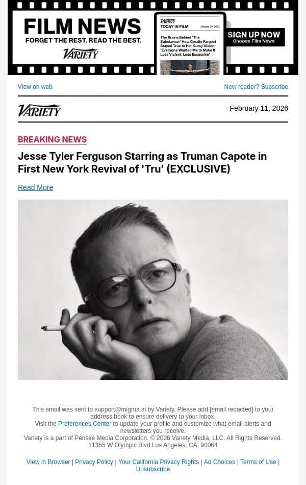 Jesse Tyler Ferguson Starring as Truman Capote in First New York Revival of 'Tru' (EXCLUSIVE) email from Variety screenshot