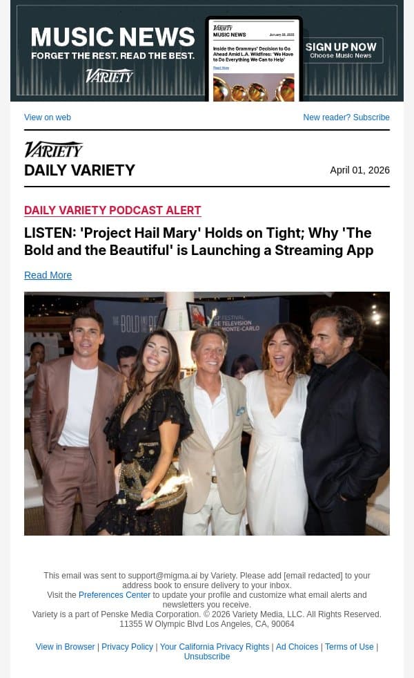 LISTEN: 'Project Hail Mary' Holds on Tight; Why 'The Bold and the Beautiful' is Launching a Streaming App email from Variety screenshot