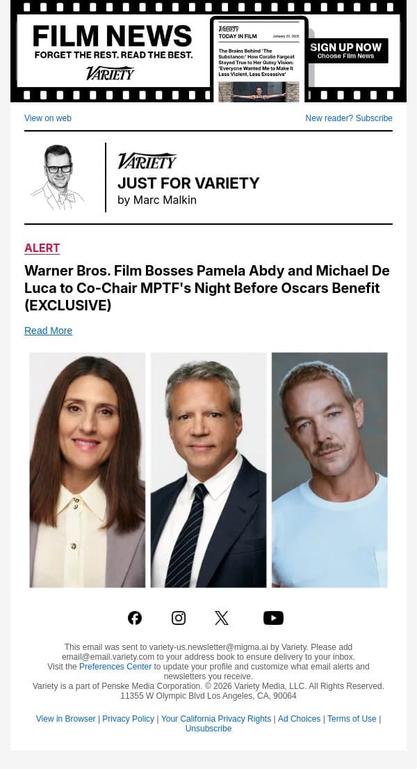 Warner Bros. Film Bosses Pamela Abdy and Michael De Luca to Co-Chair MPTF's Night Before Oscars Benefit (EXCLUSIVE) email from Variety screenshot