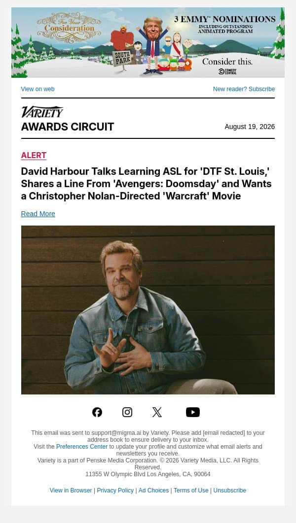 David Harbour Talks Learning ASL for 'DTF St. Louis,' Shares a Line From 'Avengers: Doomsday' and Wants a Christopher Nolan-Directed 'Warcraft' Movie email from Variety screenshot