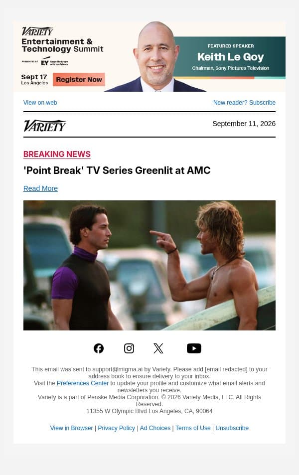'Point Break' TV Series Greenlit at AMC email from Variety screenshot