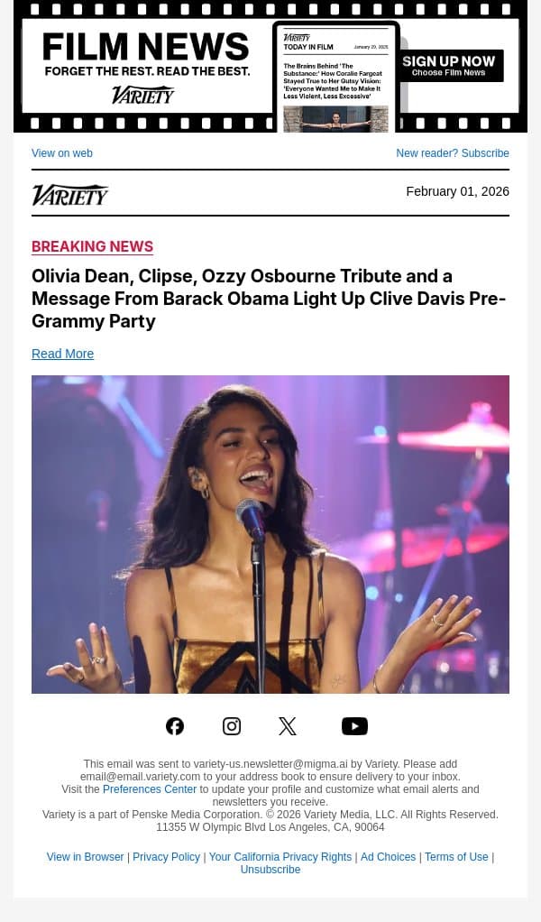 Olivia Dean, Clipse, Ozzy Osbourne Tribute and a Message From Barack Obama Light Up Clive Davis Pre-Grammy Party email from Variety screenshot