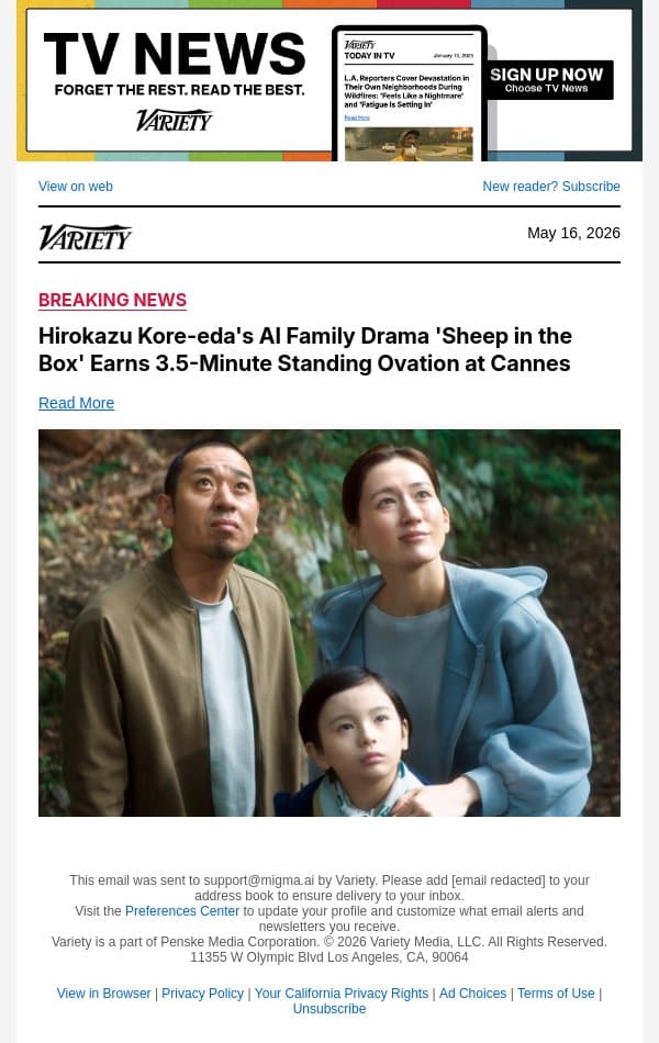 Hirokazu Kore-eda's AI Family Drama 'Sheep in the Box' Earns 3.5-Minute Standing Ovation at Cannes email from Variety screenshot