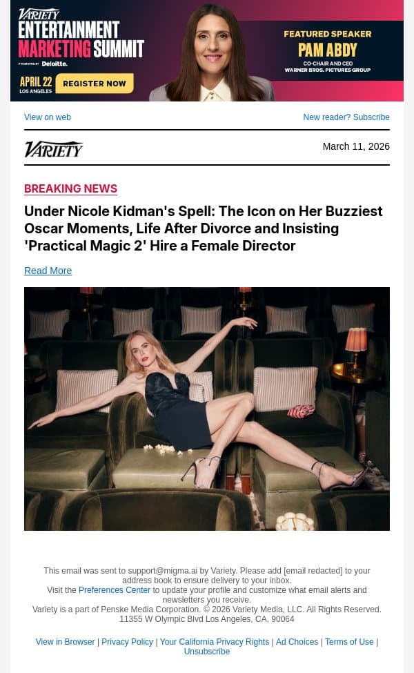 COVER STORY | Under Nicole Kidman's Spell: The Icon on Her Buzziest Oscar Moments, Life After Divorce and Insisting 'Practical Magic 2' Hire a Female Director email from Variety screenshot