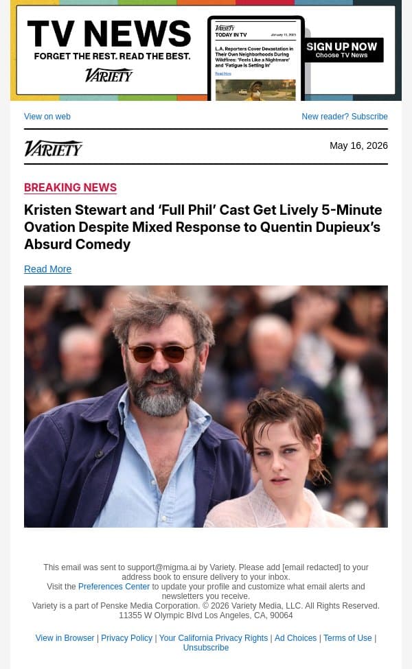 Kristen Stewart and ‘Full Phil’ Cast Get Lively 5-Minute Ovation Despite Mixed Response to Quentin Dupieux’s Absurd Comedy email from Variety screenshot