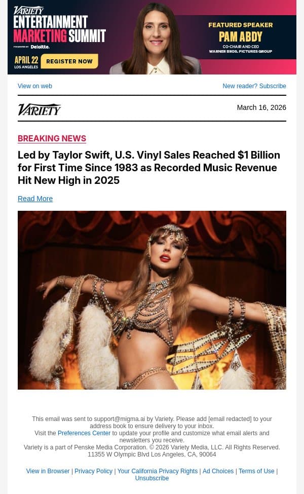 Led by Taylor Swift, U.S. Vinyl Sales Reached $1 Billion for First Time Since 1983 as Recorded Music Revenue Hit New High in 2025 email from Variety screenshot