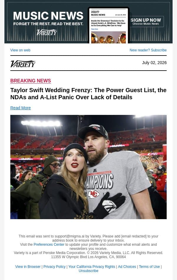 Taylor Swift Wedding Frenzy: The Power Guest List, the NDAs and A-List Panic Over Lack of Details email from Variety screenshot