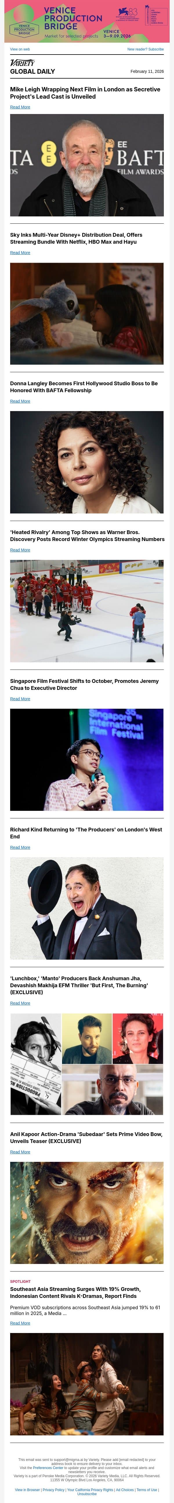 Mike Leigh's New Film; Sky, Disney+ Distribution Deal; Donna Langley BAFTA Fellowship email from Variety screenshot