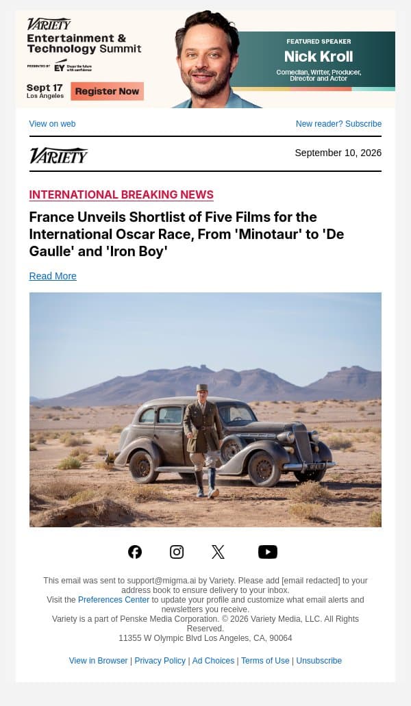 France Unveils Shortlist of Five Films for the International Oscar Race, From 'Minotaur' to 'De Gaulle' and 'Iron Boy' email from Variety screenshot
