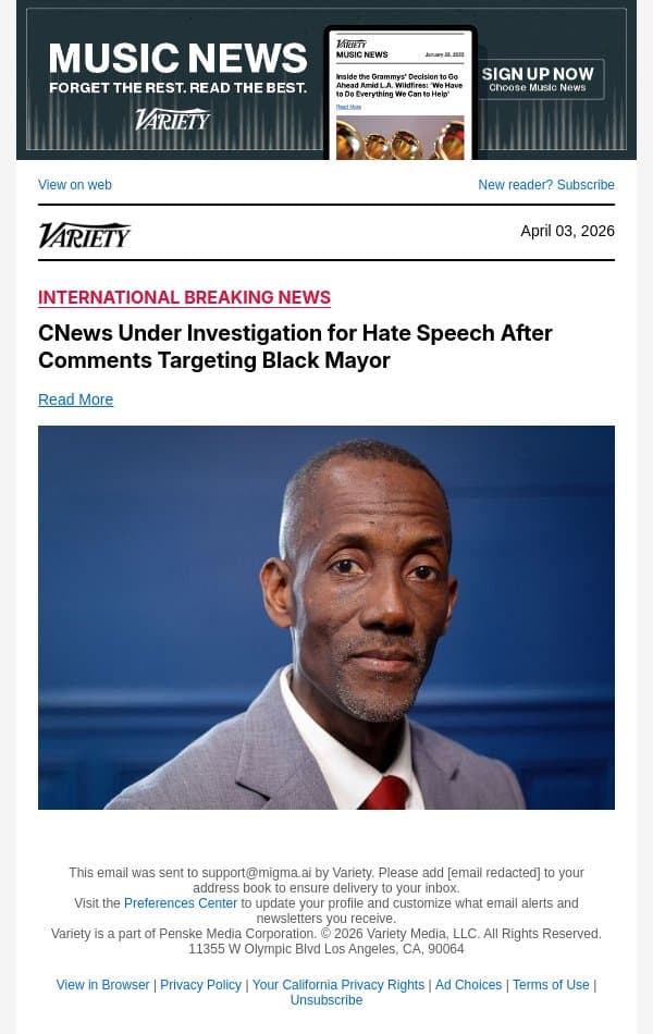 CNews Under Investigation for Hate Speech After Comments Targeting Black Mayor email from Variety screenshot